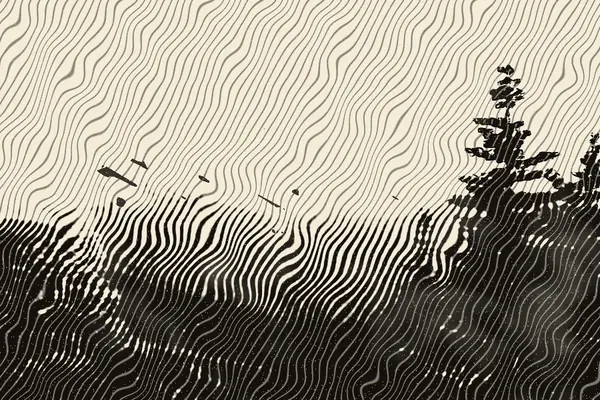 The same view as a carved linocut print